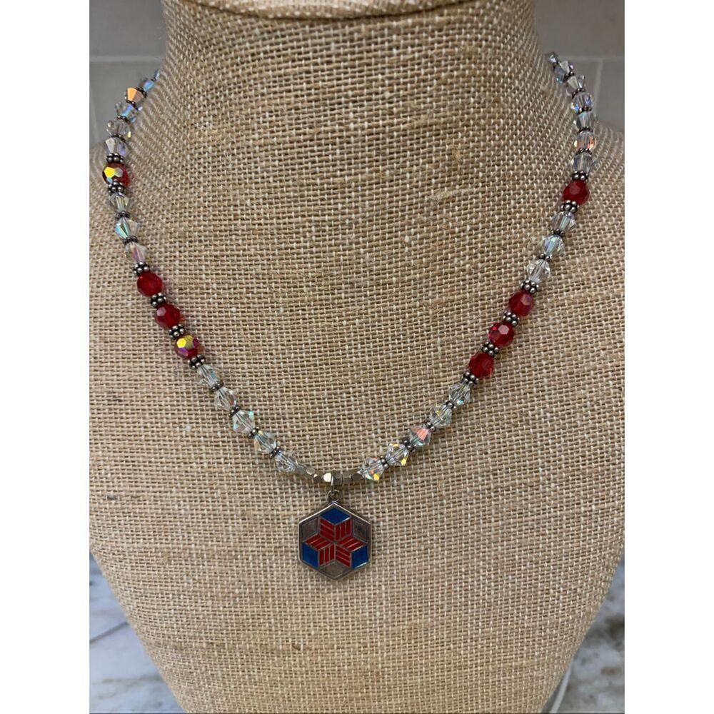 Red Clear AB Crystal Necklace with Quilt Sterling Silver Charm #vintage #quilter